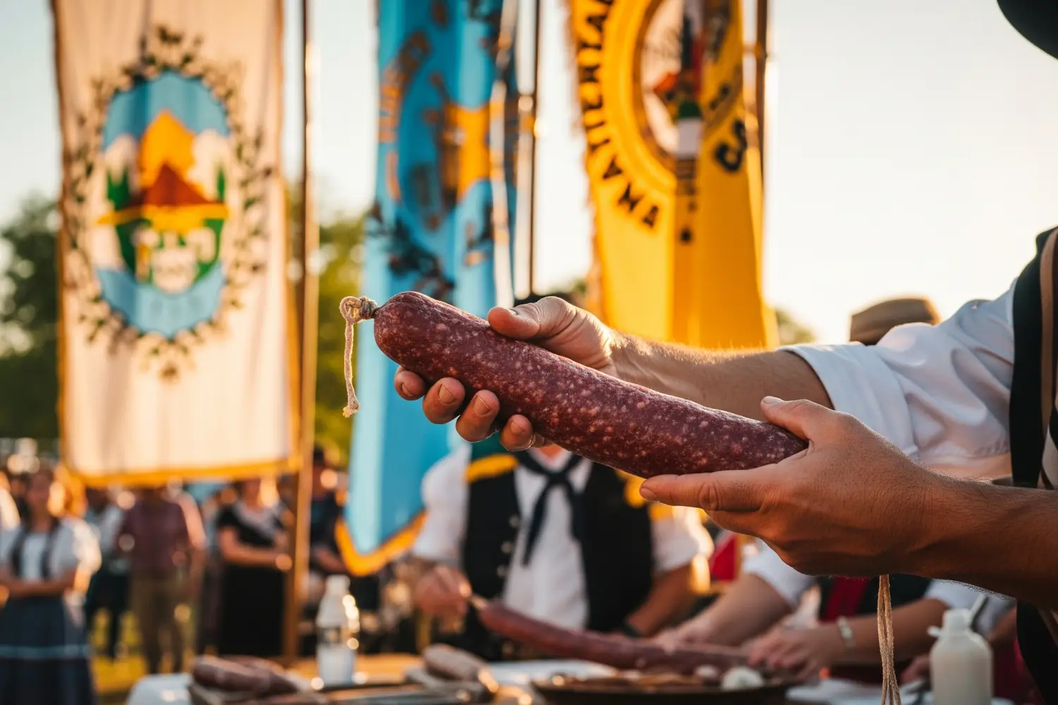 Productor artesanal mostrando su salame típico durante el concurso en la Fiesta Provincial
