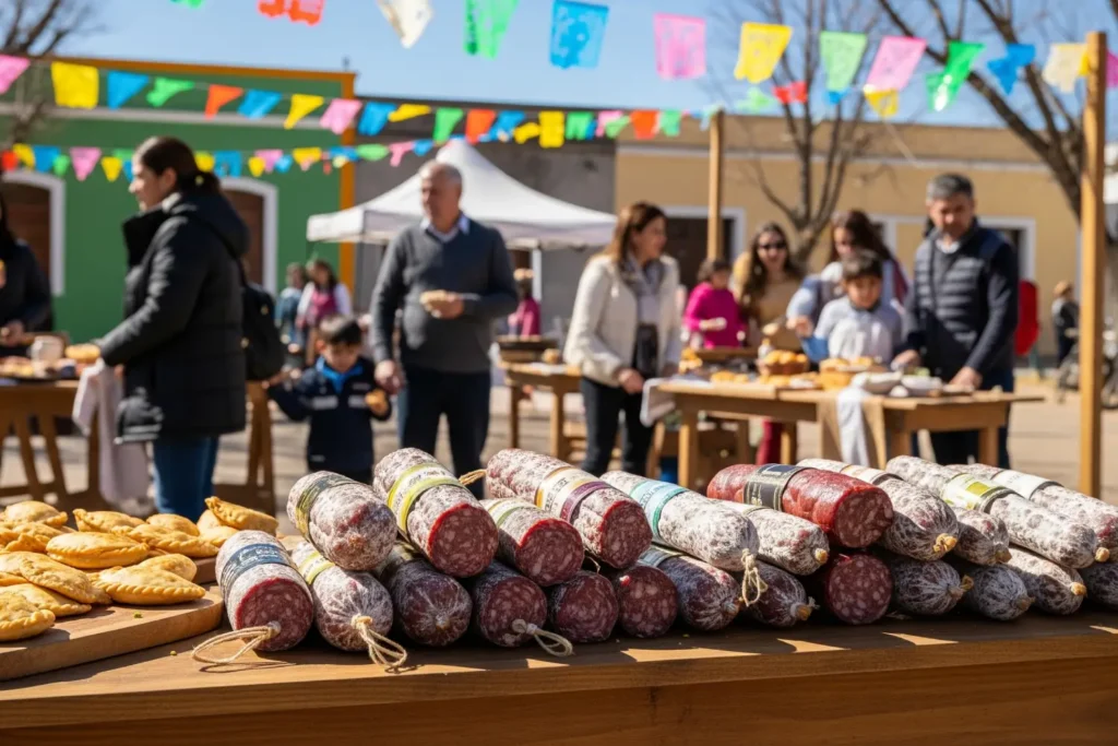 Mesa con salames artesanales en la Fiesta Provincial del Salame Típico en Colonia Caroya